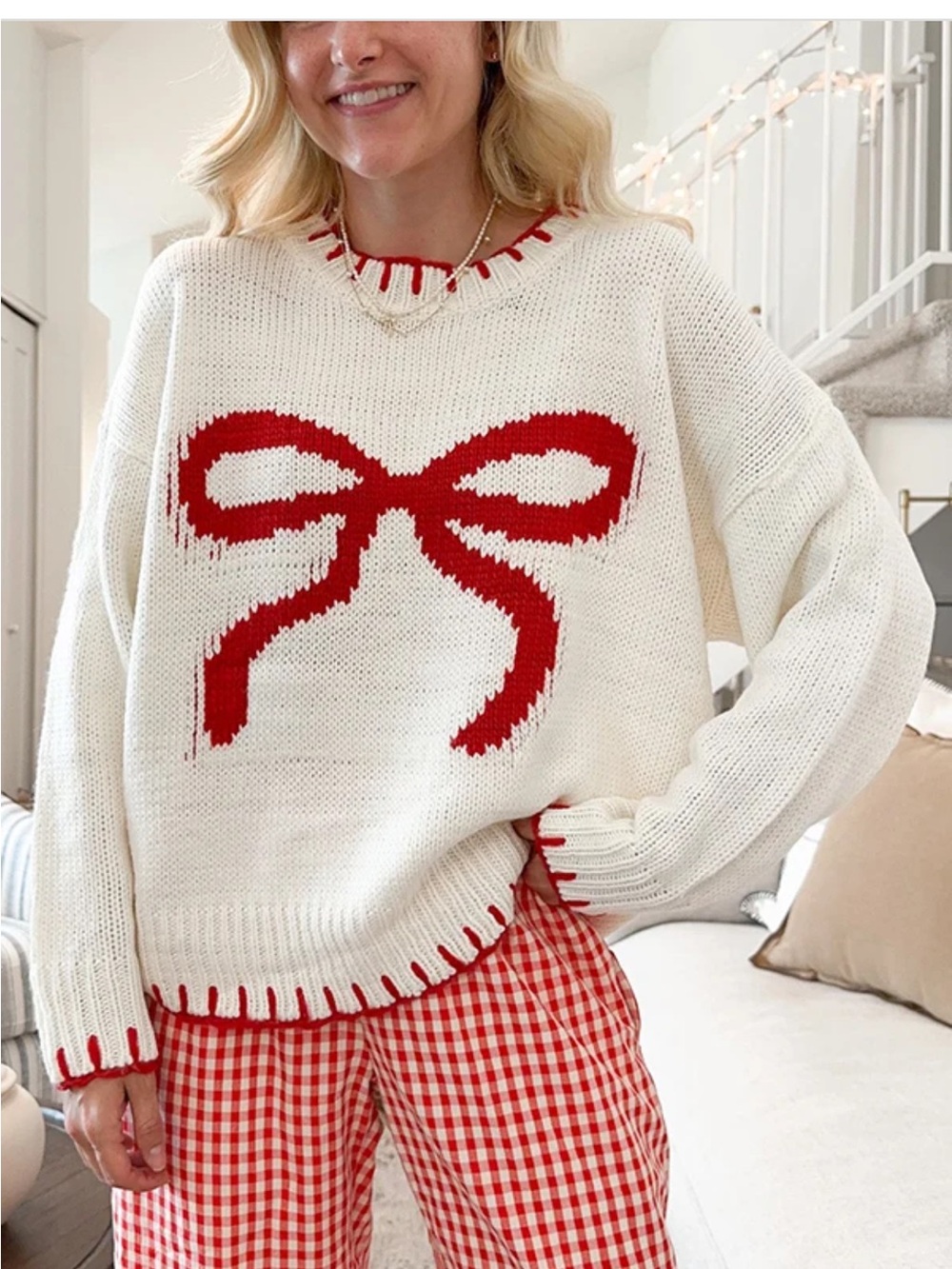 NWT Pink Rose Christmas Bow Contrast Color Locked Edge Long Sleeve Sweater SZ L